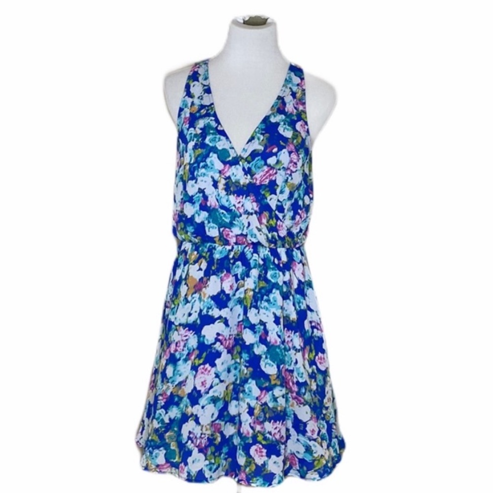 Lush Mini Dress Watercolor Floral Faux Wrap Medium Spring Summer Blue Pink
